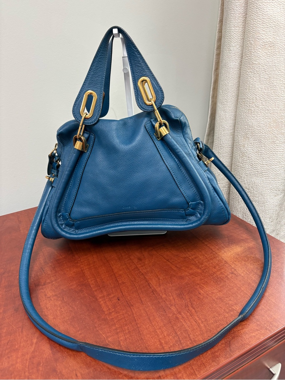 Chloe Paraty Teal Leather Triangle Satchel Handbag with Gold Hardware